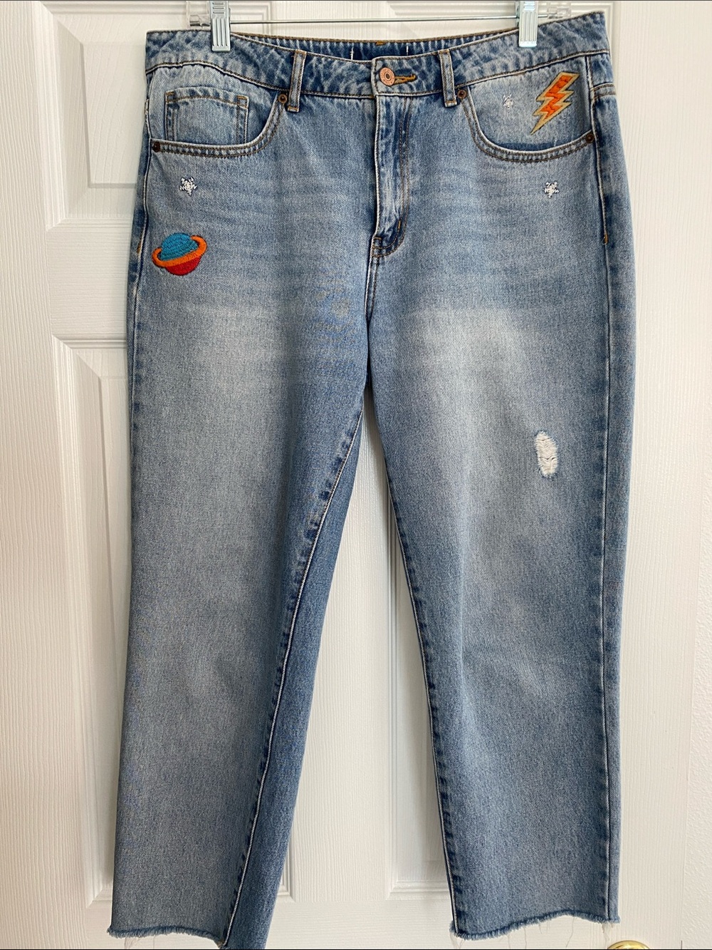 Forever 21 Light Blue Cropped Jeans with Colorful Space Alien Patches Size 32